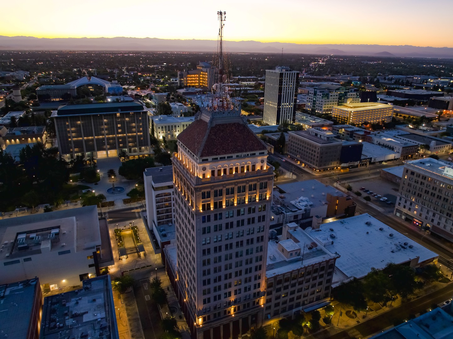 Skyline of Fresno, CA, near the Tower District, highlighting areas served by NALK Air Conditioning & Heating for expert HVAC repair and installation.